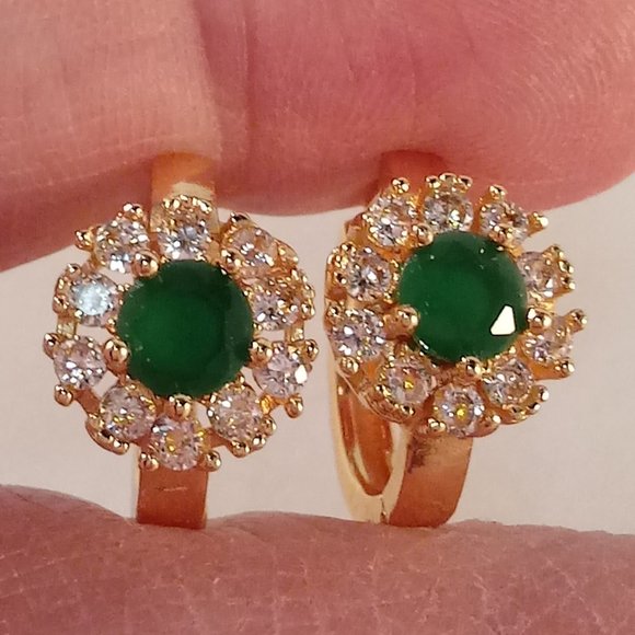 18K Yellow Gold Filled Flower Jade Green Diamond Zircon Hoop Huggie Earrings - Picture 5 of 6